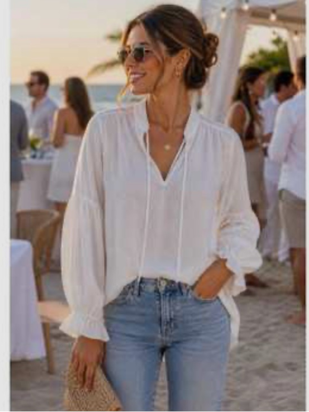 Haute Hippie Cream Long-Sleeve V-Neck Peasant Blouse w/Balloon Sleeves ❤️❤️